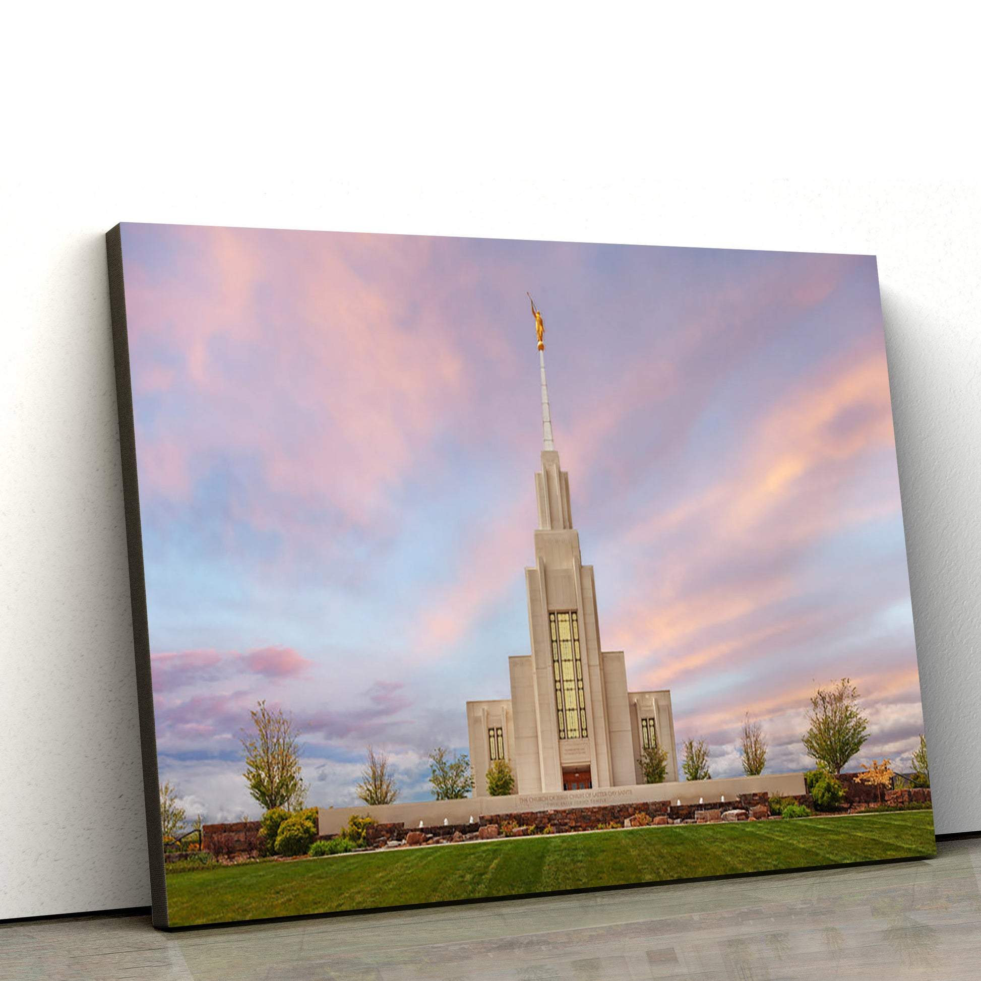 Twin Falls Temple Evening Glow Canvas Wall Art - Jesus Christ Picture - Canvas Christian Wall Art