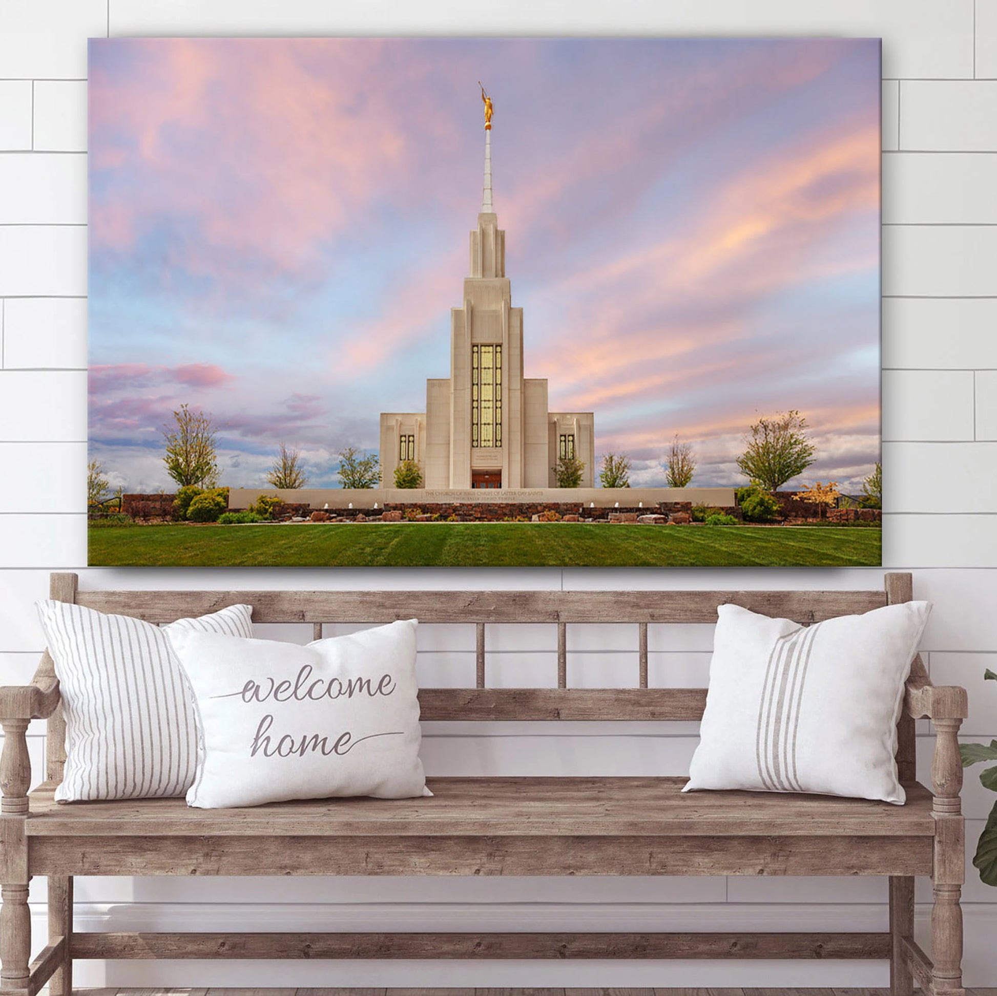 Twin Falls Temple Evening Glow Canvas Wall Art - Jesus Christ Picture - Canvas Christian Wall Art