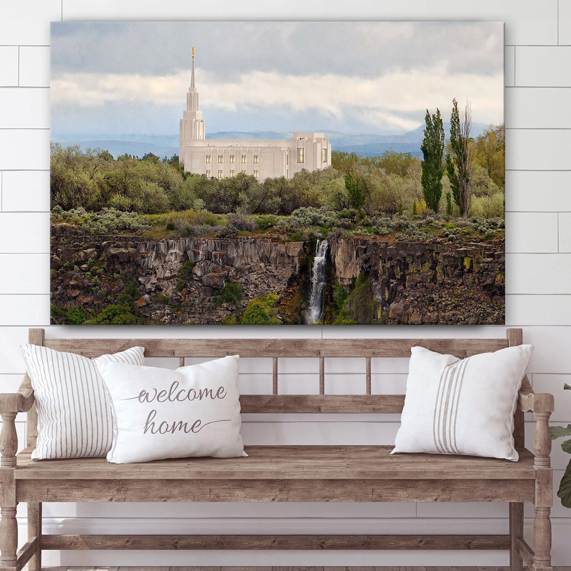 Twin Falls Temple Waterfall Canvas Wall Art - Jesus Christ Picture - Canvas Christian Wall Art
