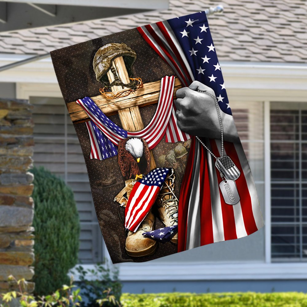 U.S. Veteran. Christian Cross American Patriot Memorial Flag - Out House Flag