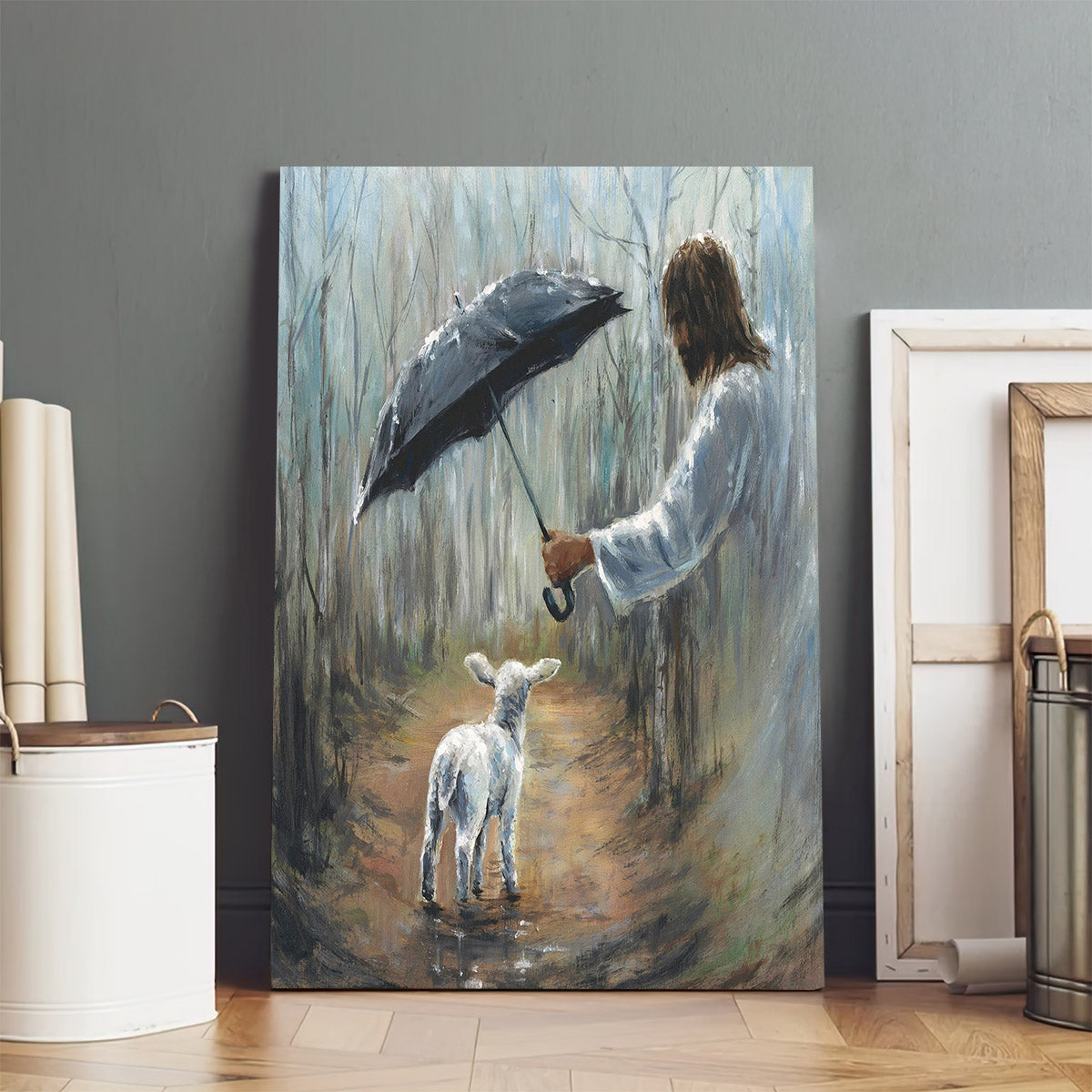 Umbrella Over Lamb On Difficult Path Art Jesus - Canvas Pictures - Jesus Canvas Art - Christian Wall Art
