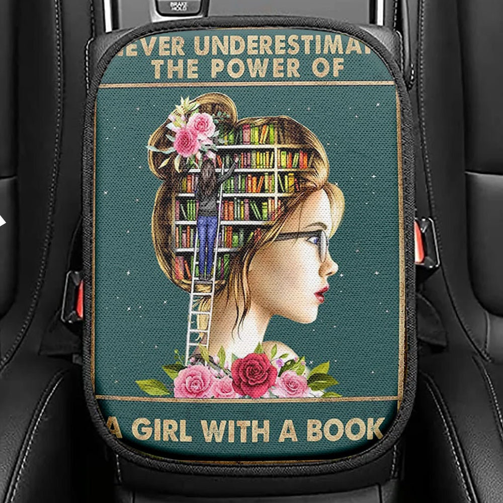 Underestimate A Girl With A Book Seat Box Cover, Inspirational Class Car Center Console Cover, Decoration For Girls Car Interior Accessories