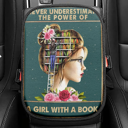 Underestimate A Girl With A Book Seat Box Cover, Inspirational Class Car Center Console Cover, Decoration For Girls Car Interior Accessories