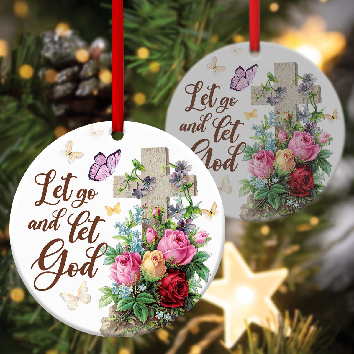 Unique Cross Ceramic Circle Ornament - Let Go And Let God - Christmas Decor - Nativity Ornaments