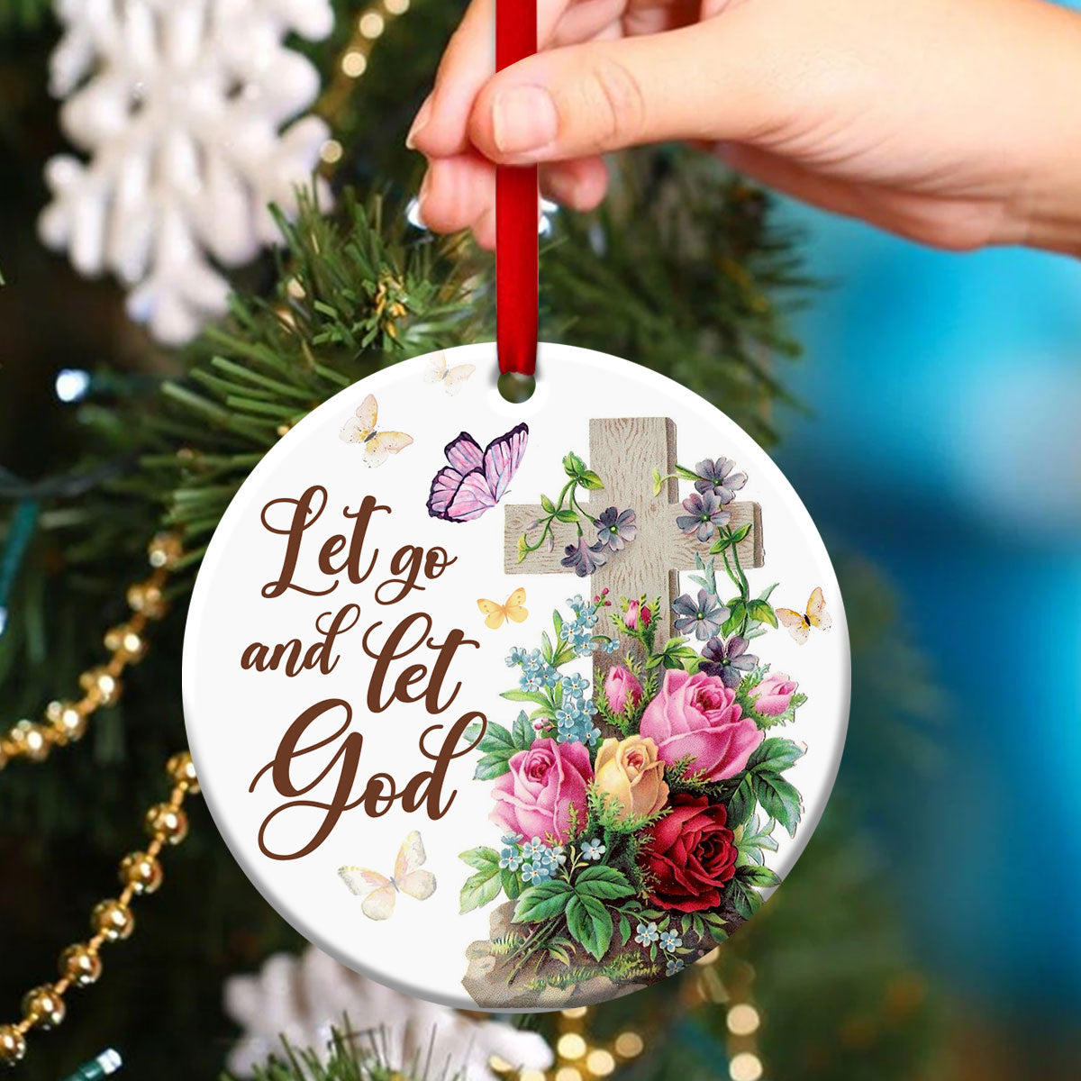 Unique Cross Ceramic Circle Ornament - Let Go And Let God - Christmas Decor - Nativity Ornaments