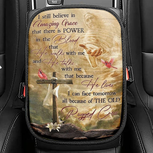 Unique Cross Red Cardinal Jesus I Still Believe In Amazing Grace Car Center Console Cover, Christian Armrest Seat Cover, Bible Seat Box Cover