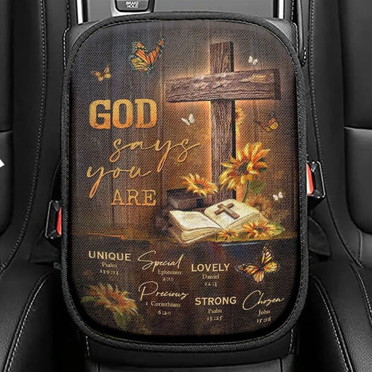 Unique Cross, Sunflower Garden, Antique Bible, God Says You Are Car Center Console Cover, Christian Armrest Seat Cover, Bible Seat Box Cover