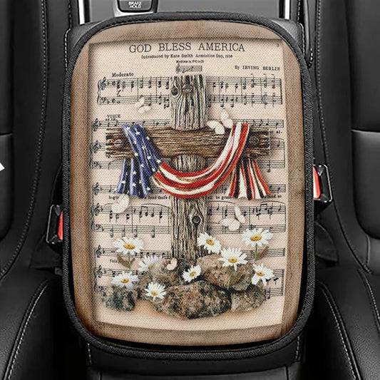 Unique Cross Vintage Music Sheet American Flag God Bless America Car Center Console Cover, Christian Armrest Seat Cover, Bible Seat Box Cover