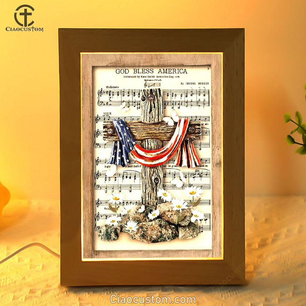 Unique Cross Vintage Music Sheet American Flag God Bless America Frame Lamp