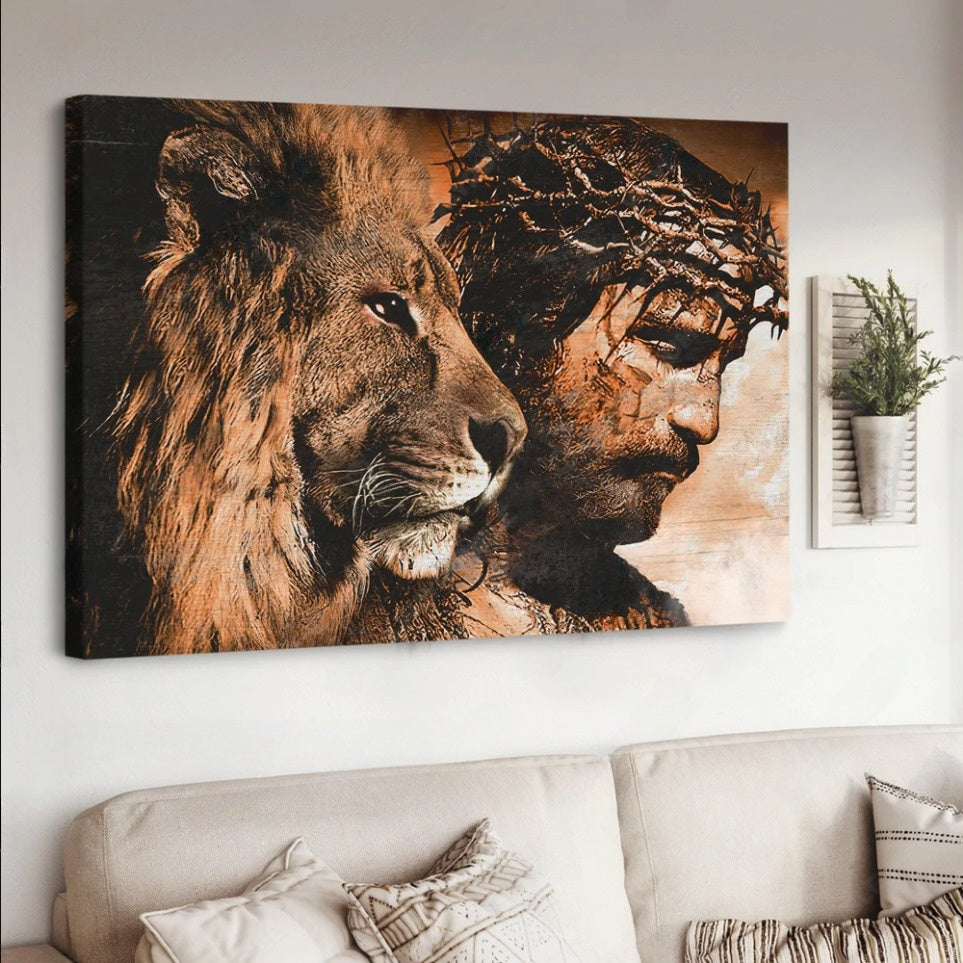Unique Jesus Painting Amazing Lion Crown Of Thorn Canvas Wall Art - Jesus Canvas Pictures - Christian Wall Posters