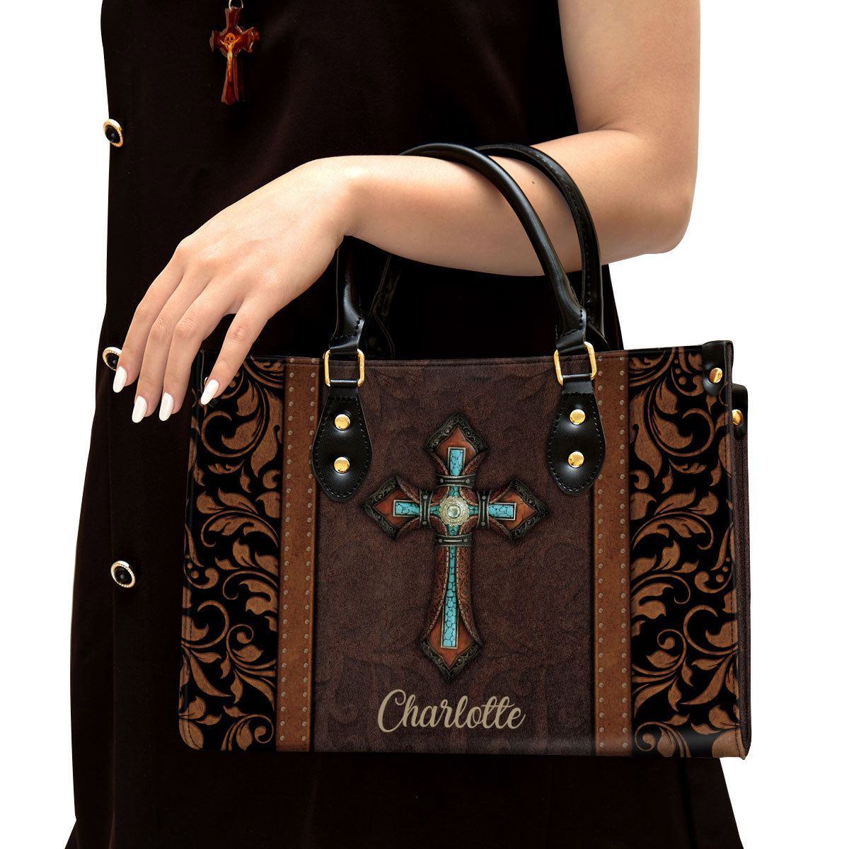 Unique Personalized Cross Leather Handbag With Handle Christ Gifts For Religious Women
