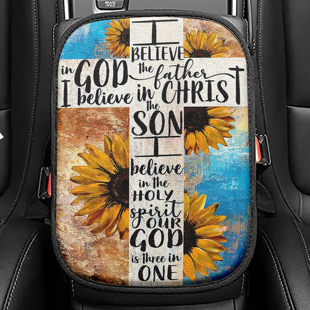 Unique Sunflower White Cross Our God Is Three In One Seat Box Cover, Christian Car Center Console Cover, Bible Verse Car Interior Accessories