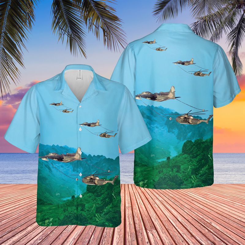 Us Air Force 40th Helicopter Squadron Lockheed Hc-130p Hercules Refueling A Sikorsky Hh-53b Super Jolly Green Giant Helicopter Hawaiian Shirt - Best Hawaiian Shirts