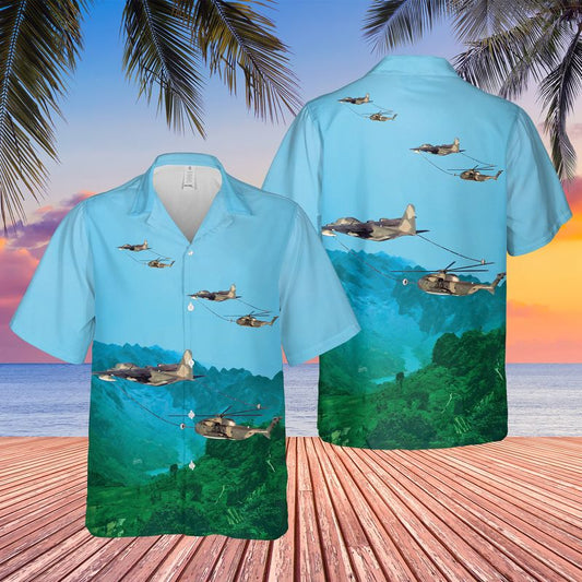 Us Air Force 40th Helicopter Squadron Lockheed Hc-130p Hercules Refueling A Sikorsky Hh-53b Super Jolly Green Giant Helicopter Hawaiian Shirt - Best Hawaiian Shirts