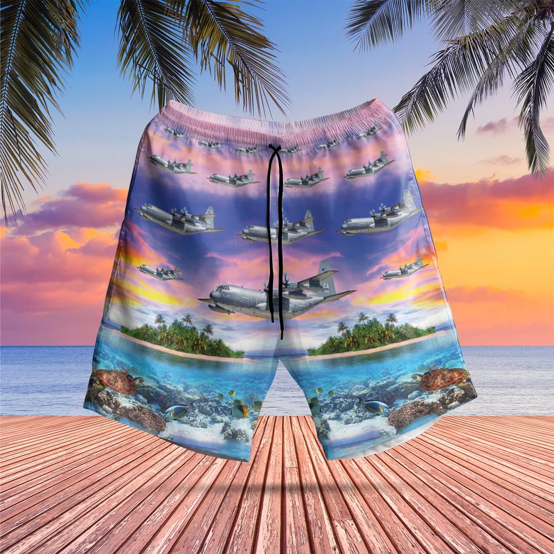 Us Air Force California Air National Guard 129th Rescue Wing Hc-130j Combat King Ii Hawaiian Short - Beachwear For Men - Best Hawaiian Shirts
