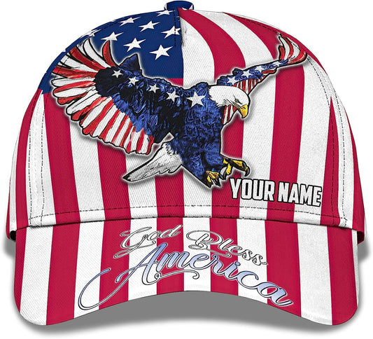 Us Eagle With American Flag God Bless America Custom Name All Over Print Baseball Cap - Christian Hats For Men Women
