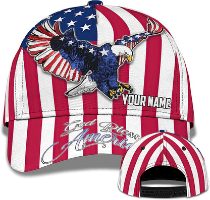 Us Eagle With American Flag God Bless America Custom Name All Over Print Baseball Cap - Christian Hats For Men Women