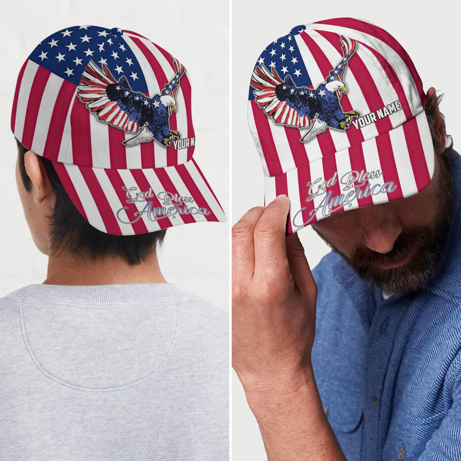 Us Eagle With American Flag God Bless America Custom Name All Over Print Baseball Cap - Christian Hats For Men Women