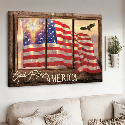 Us Flag Vintage Window God Bless America Independence Day Canvas Wall Art - Christian Poster - Religious Wall Decor