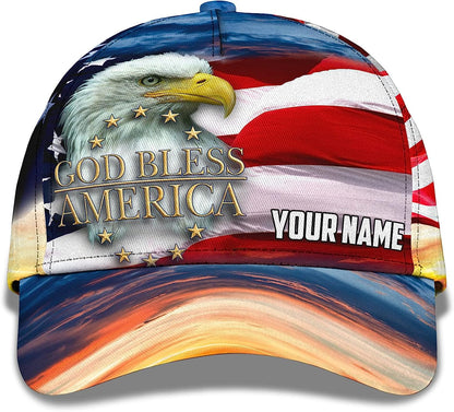 Us Flag With Cool Eagle God Bless America Custom Name All Over Print Baseball Cap - Christian Hats For Men Women