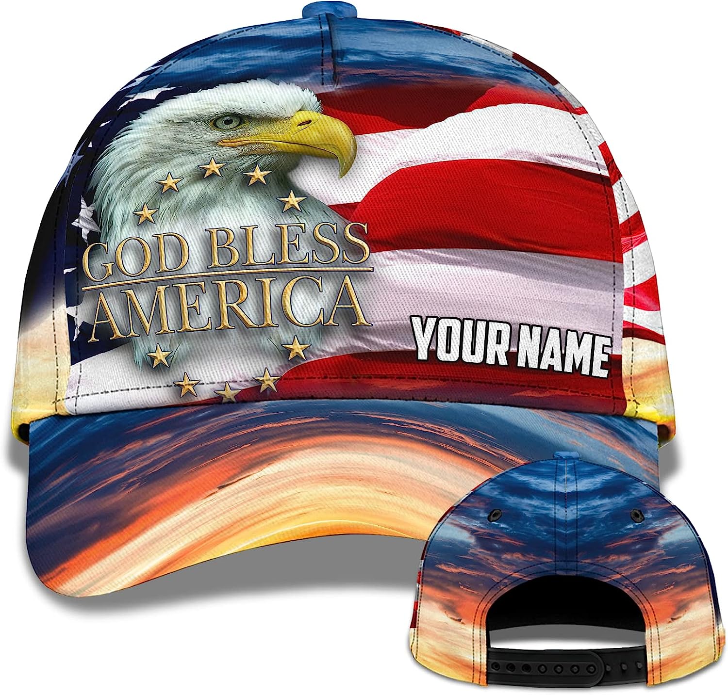 Us Flag With Cool Eagle God Bless America Custom Name All Over Print Baseball Cap - Christian Hats For Men Women