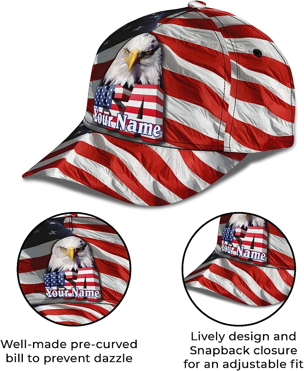 Usa America Flag Bald Eagle Custom Name All Over Print Baseball Cap - Christian Hats For Men Women