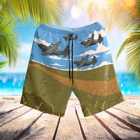 Usaf 182nd Airlift Wing Illinois Air National Guard C-130 H3 Hercules Hawaiian Shorts - Beachwear For Men - Best Hawaiian Shirts