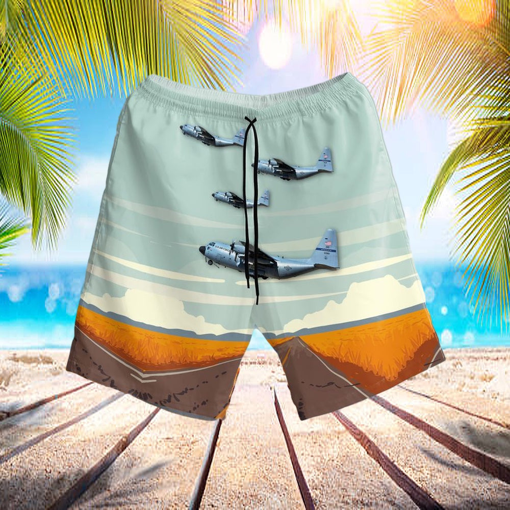 Usaf Texas Air National Guard 181st Airlift Squadron Lockheed C-130h-Lm Hercules Hawaiian Short - Beachwear For Men - Best Hawaiian Shirts