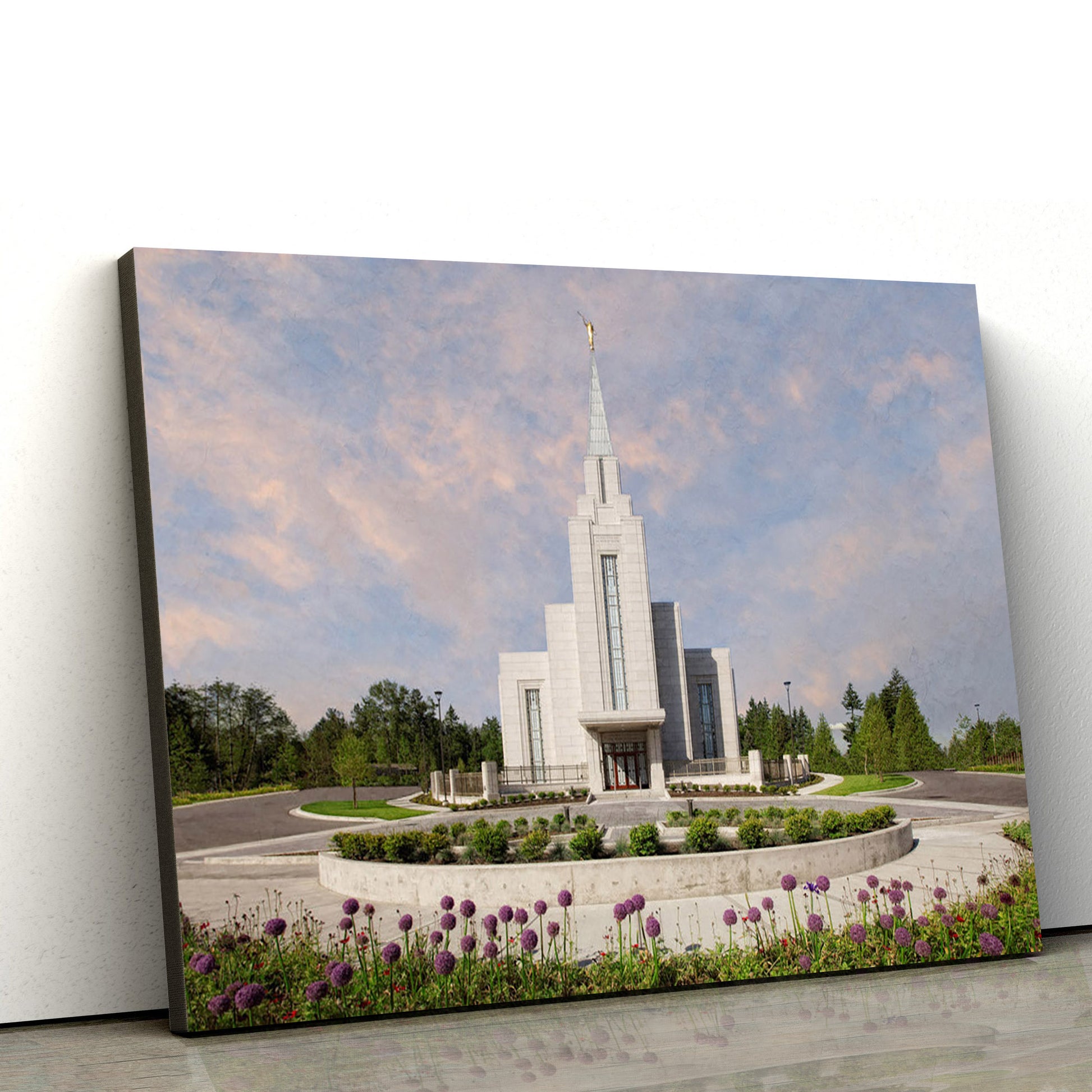 Vancouver Bc Temple Purple Flowers Canvas Wall Art - Jesus Christ Picture - Canvas Christian Wall Art