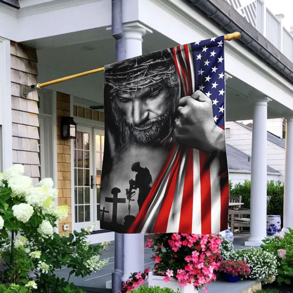 Veteran Stand For The House Flags Kneel For The Cross Jesus American House Flags - Christian Garden Flags - Outdoor Christian Flag