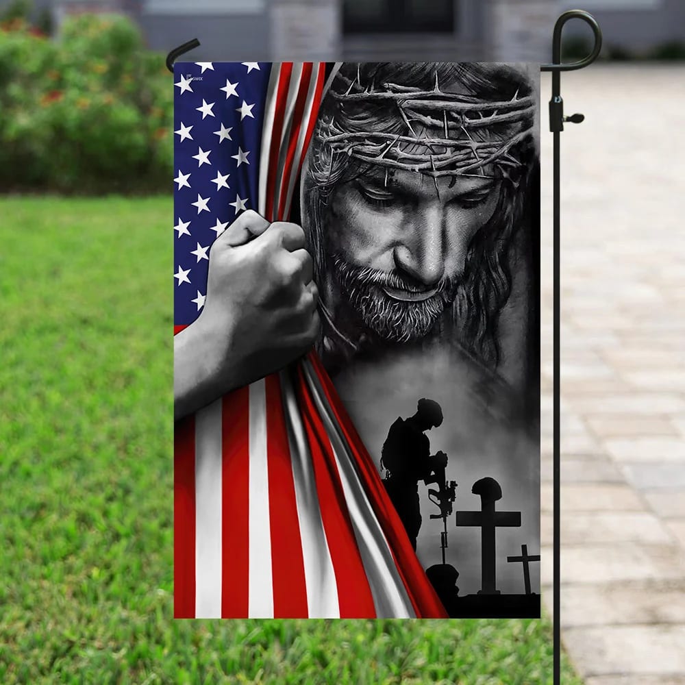 Veteran Stand For The House Flags Kneel For The Cross Jesus American House Flags - Christian Garden Flags - Outdoor Christian Flag