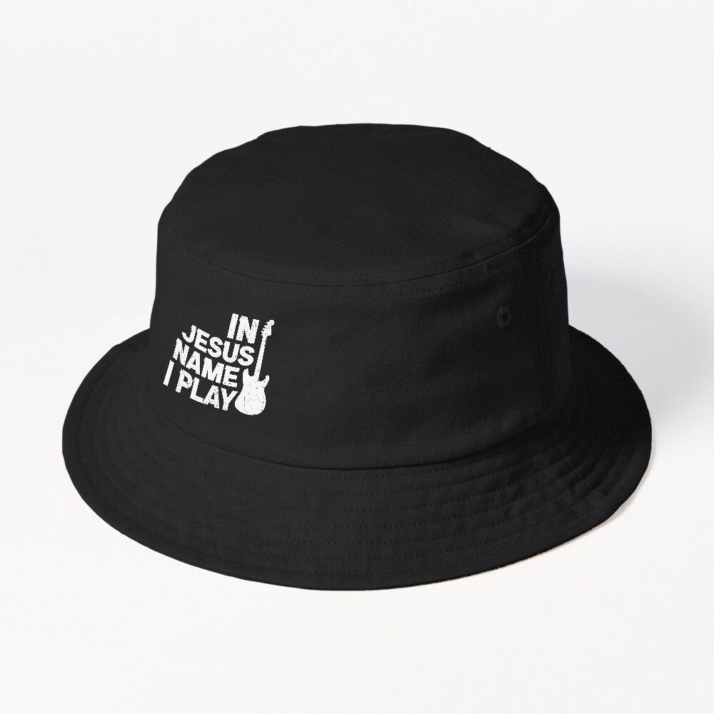 Vintage In Jesus Name I Play Guitar Player Music Christian Bucket Hat
