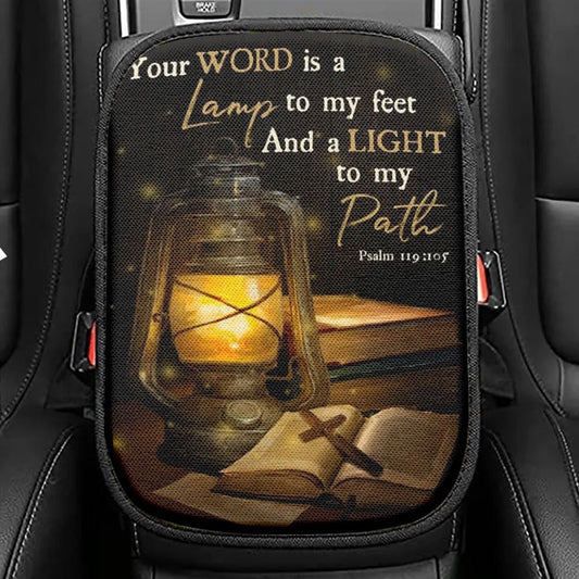 Vintage Lantern, Cross, Bible, Your Word Is A Lamp To My Feet Car Center Console Cover, Christian Armrest Seat Cover, Bible Seat Box Cover