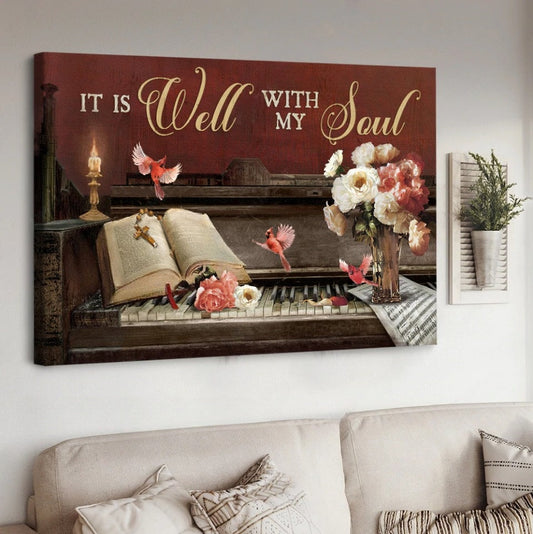 Vintage Piano Red Cardinal Bible It Is Well With My Soul Canvas Wall Art - Christian Poster - Religious Wall Decor