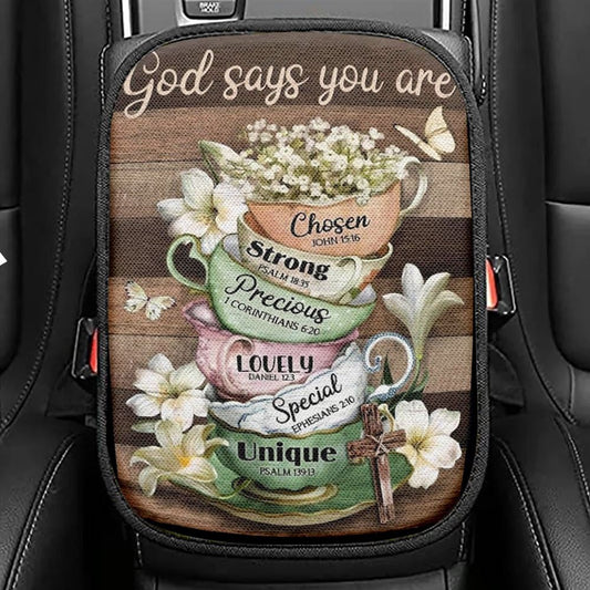 Vintage Tea Cup, Lily Flower, God Says You Are Car Center Console Cover, Christian Armrest Seat Cover, Bible Seat Box Cover