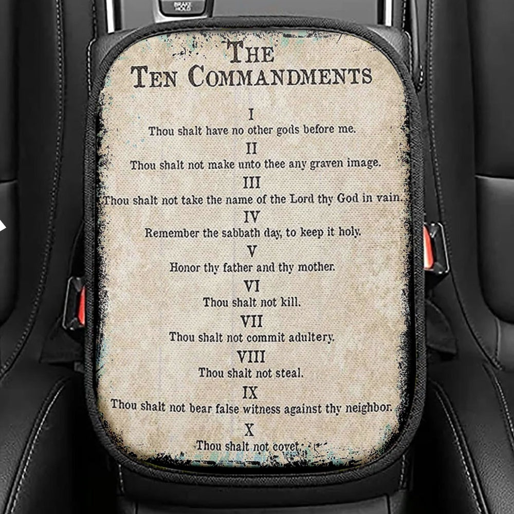 Vintage Ten Commandments Seat Box Cover, Christian Car Center Console Cover