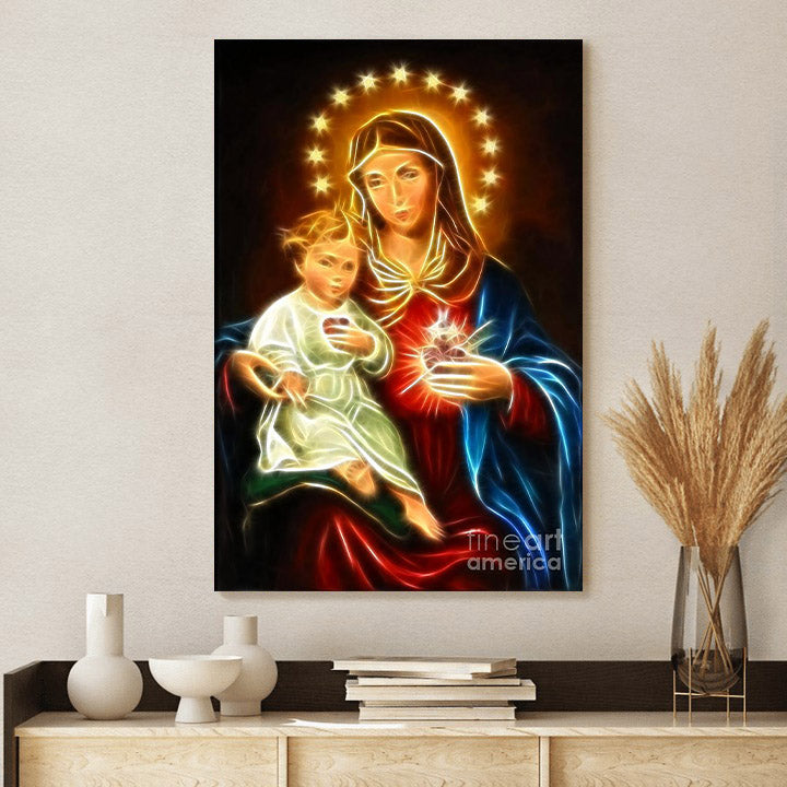 Virgin Mary And Baby Jesus Sacred Heart Canvas Pictures - Christian Canvas Wall Decor - Religious Wall Art Canvas