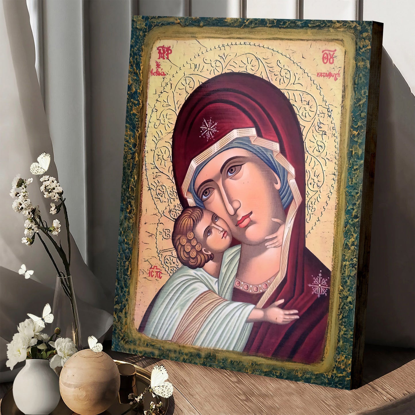 Virgin Mary Glikofilousa Religious Canvas Wall Art - Catholic Canvas Wall Art - Religious Gift - Christian Wall Art Decor