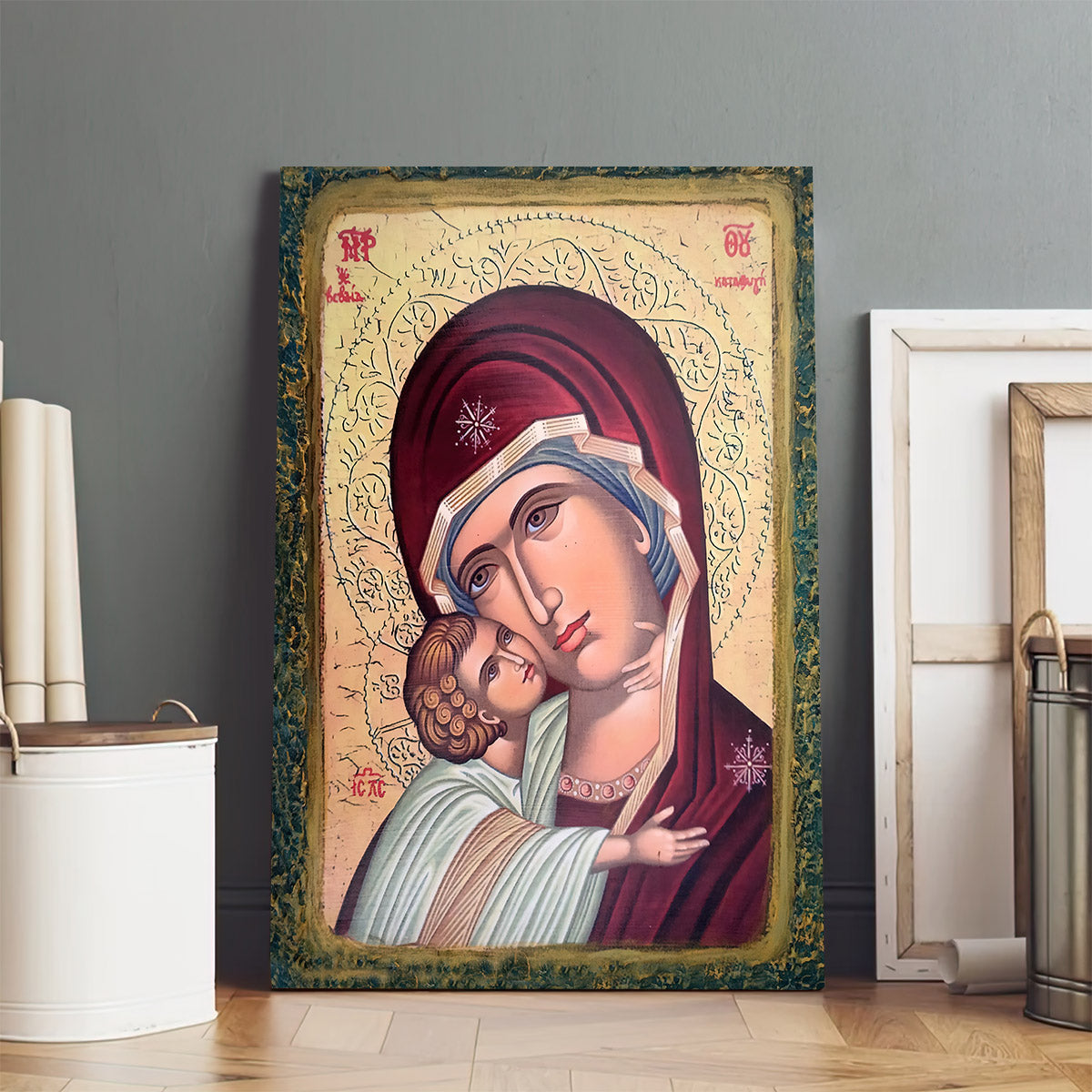 Virgin Mary Glikofilousa Religious Canvas Wall Art - Catholic Canvas Wall Art - Religious Gift - Christian Wall Art Decor