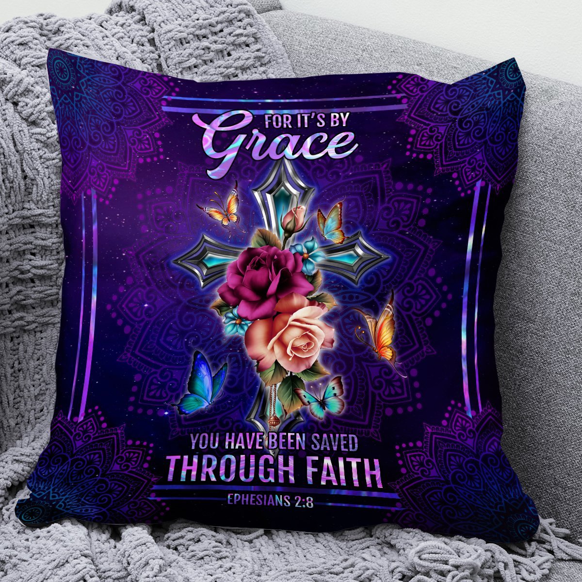 You Have Been Saved Through Faith - Stunning Floral Cross Throw Pillow HIHN188 - 2