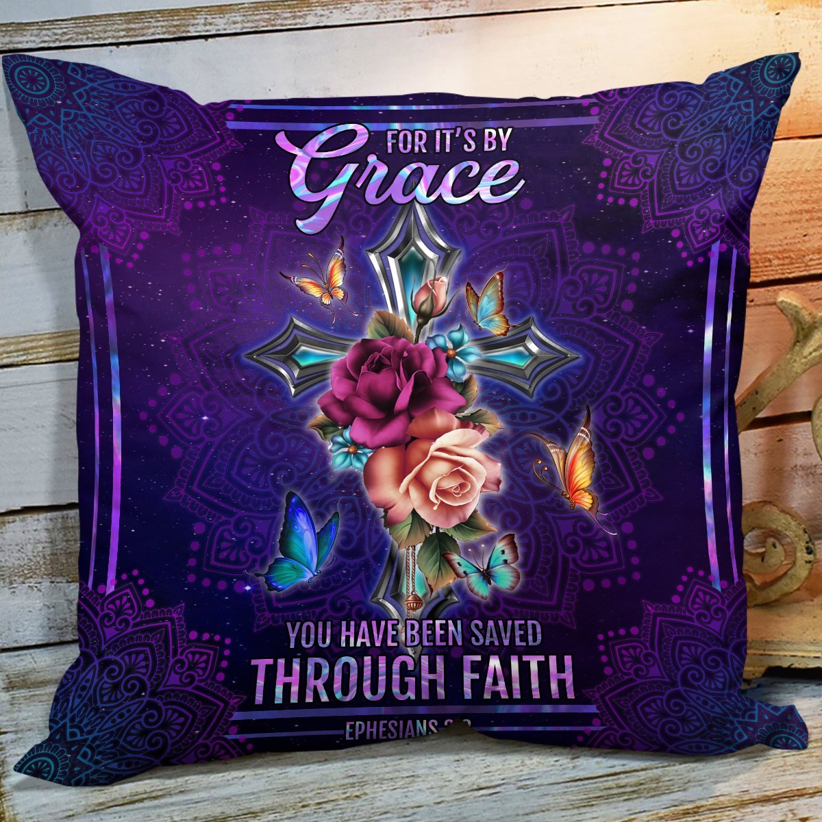 You Have Been Saved Through Faith - Stunning Floral Cross Throw Pillow HIHN188 - 3