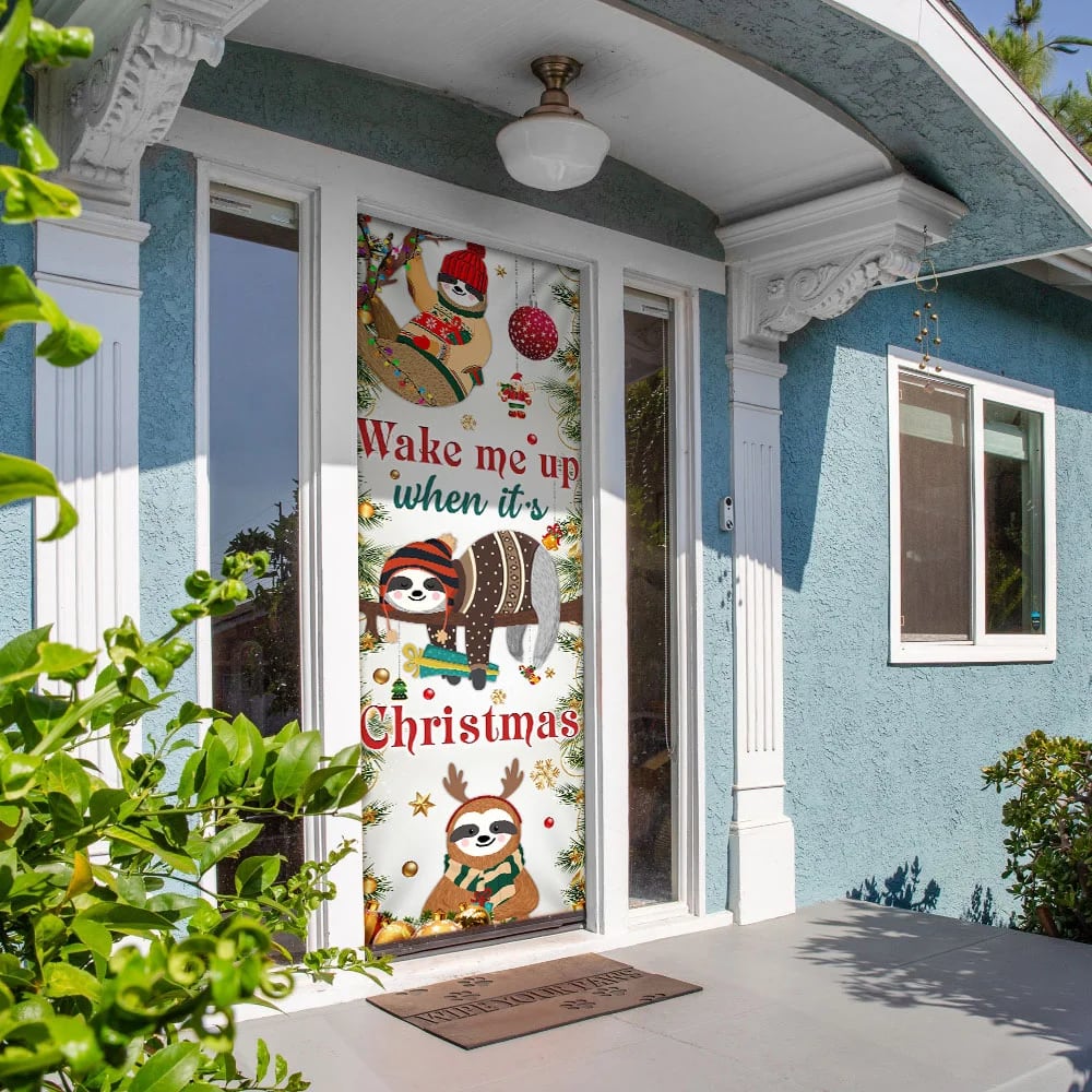 Wake Me Up When It's Christmas Door Cover - Sloth Door Cover - Christmas Outdoor Decoration