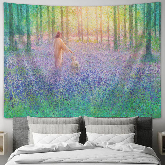 Walk With Me Tapestry - Jesus With Lamb Tapestry - Jesus Wall Tapestry - Christian Wall Tapestry - Religious Tapestry - Bible Tapestry - Ciaocustom