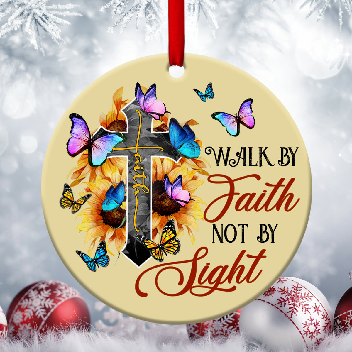 Walk By Faith - Sunflower And Cross Ceramic Circle Ornament - Christian Gift For Friends - Unique Gifts