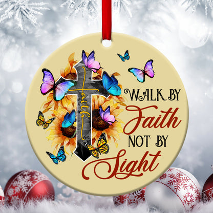 Walk By Faith - Sunflower And Cross Ceramic Circle Ornament - Christian Gift For Friends - Unique Gifts