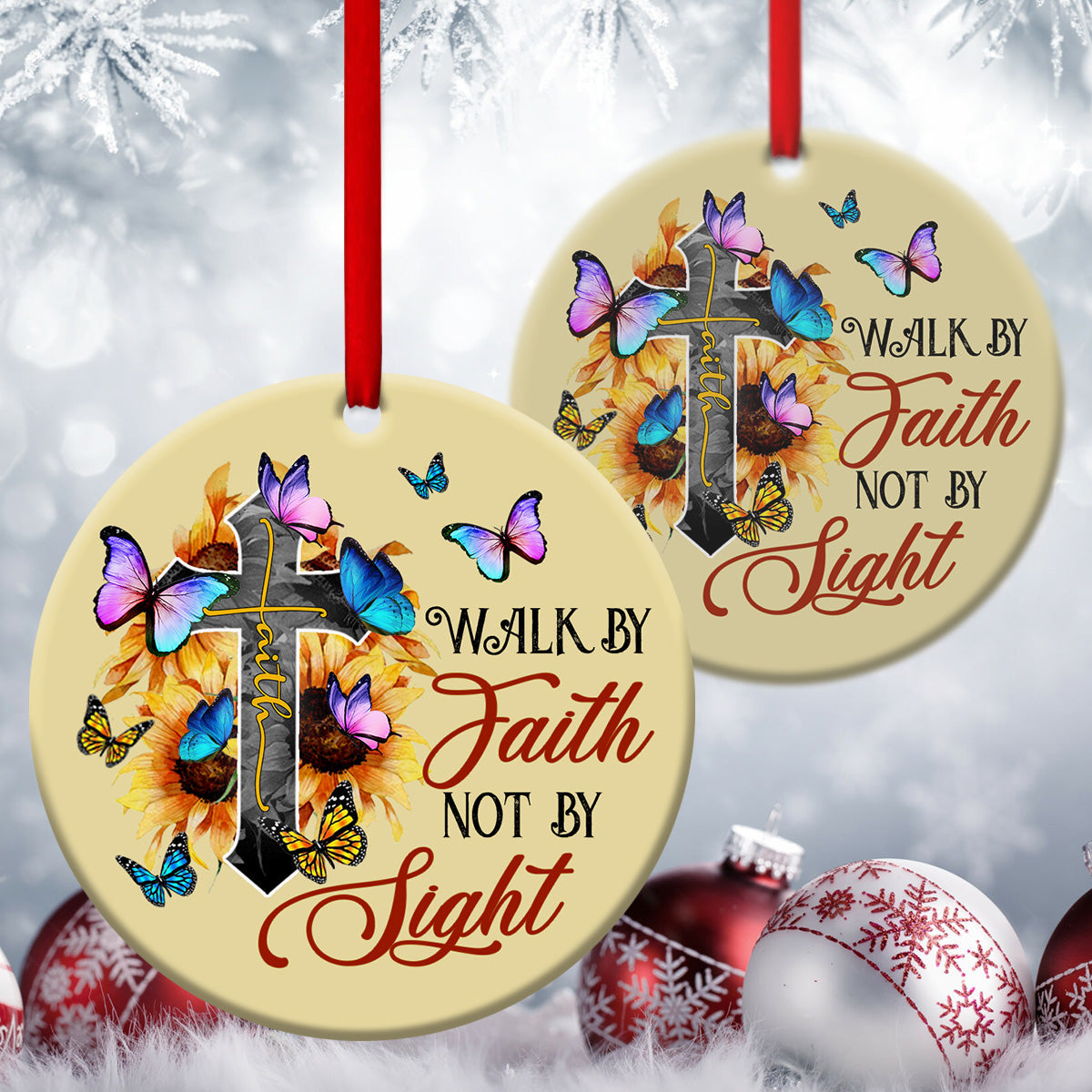 Walk By Faith - Sunflower And Cross Ceramic Circle Ornament - Christian Gift For Friends - Unique Gifts