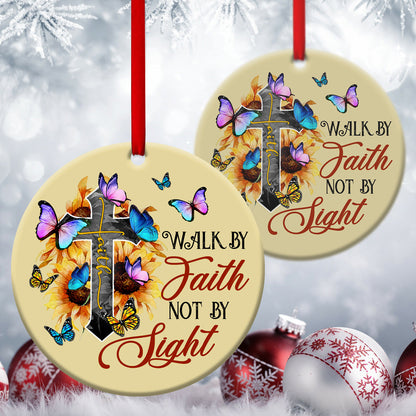 Walk By Faith - Sunflower And Cross Ceramic Circle Ornament - Christian Gift For Friends - Unique Gifts