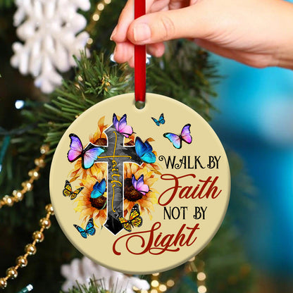 Walk By Faith - Sunflower And Cross Ceramic Circle Ornament - Christian Gift For Friends - Unique Gifts