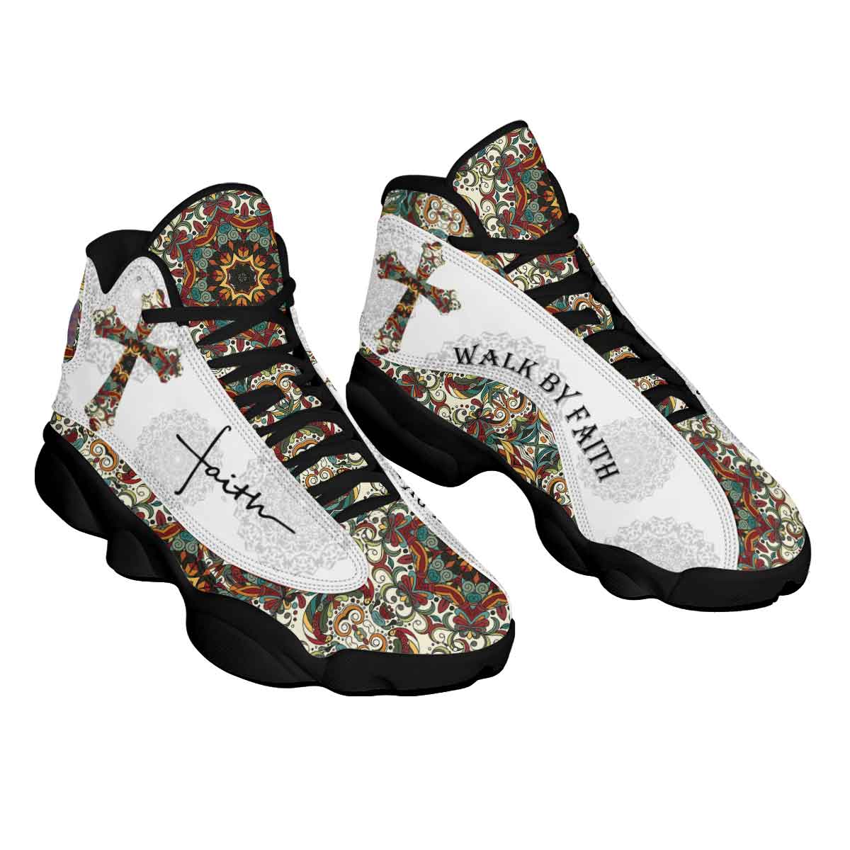 Walk By Faith Boho Design Flower Style Basketball Shoes For Men Women - Christian Shoes - Jesus Shoes - Unisex Basketball Shoes