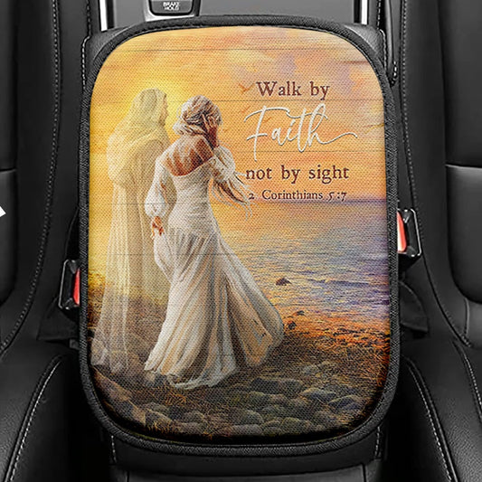Walk By Faith Not By Sight Seat Box Cover, Beautiful Girl Walking With Jesus Car Center Console Cover, Inspirational Car Interior Accessories